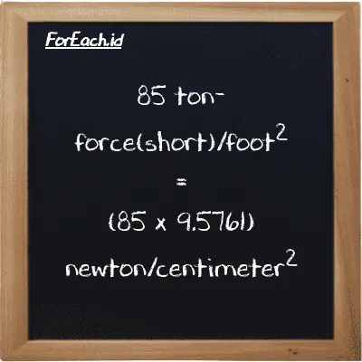 How to convert ton-force(short)/foot<sup>2</sup> to newton/centimeter<sup>2</sup>: 85 ton-force(short)/foot<sup>2</sup> (tf/ft<sup>2</sup>) is equivalent to 85 times 9.5761 newton/centimeter<sup>2</sup> (N/cm<sup>2</sup>)